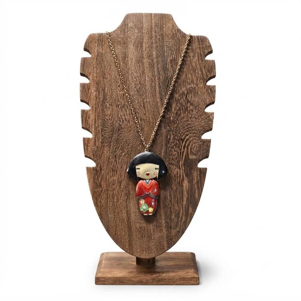 Vintage 1990s Red Enamel Kokeshi Doll Pendant Necklace, Asian Revival Jewelry
